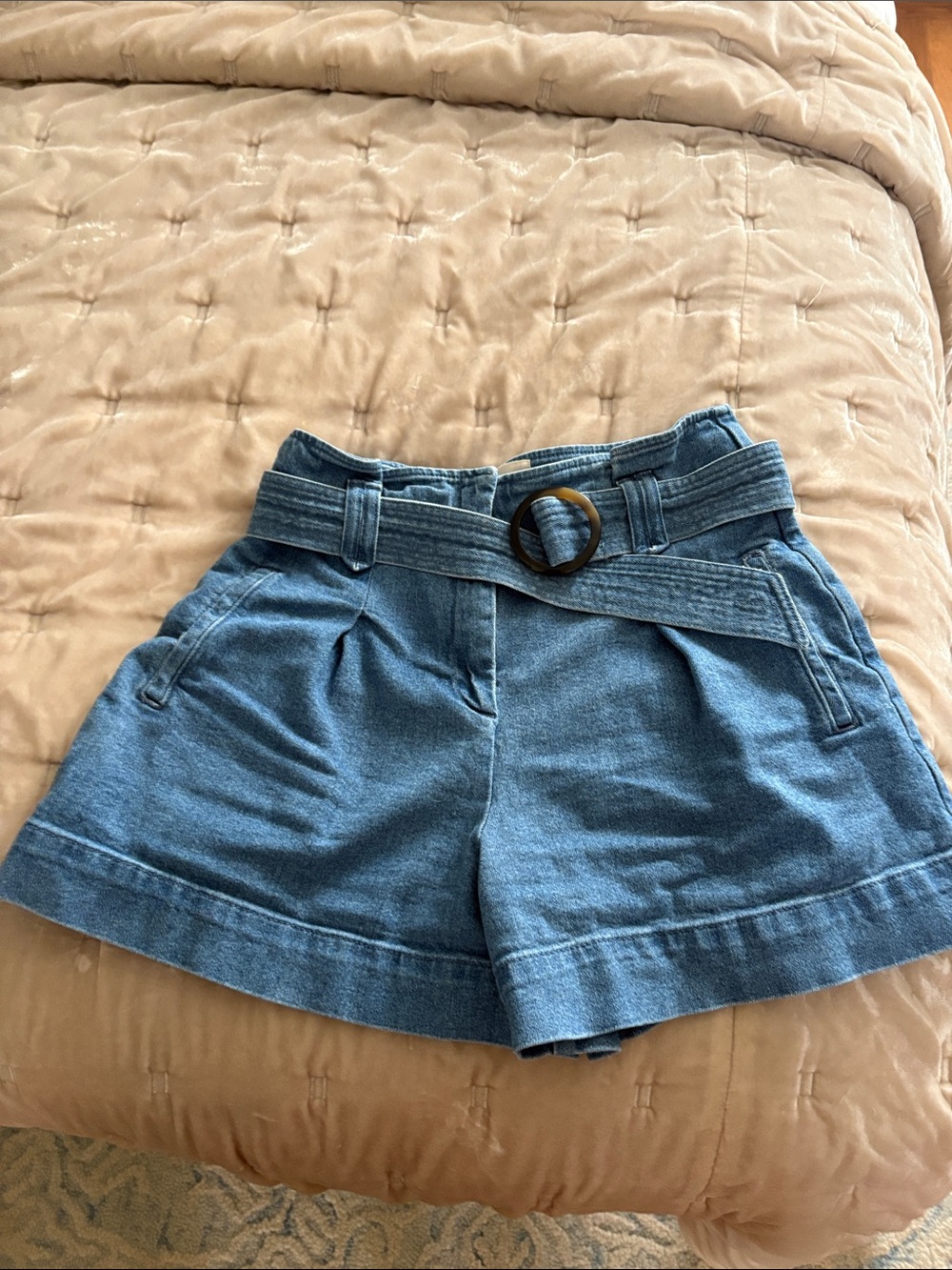 Sezane Blue Denim High-Rise Shorts with Belt